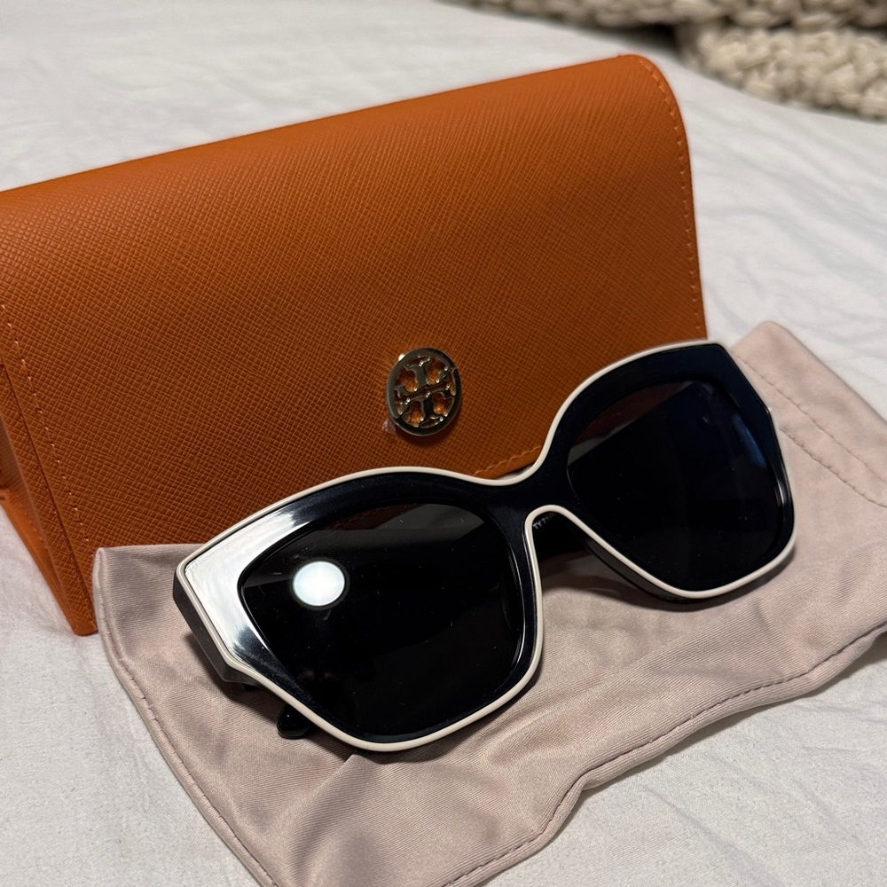 Tory Burch Black and White Sunglasses with Orange Case